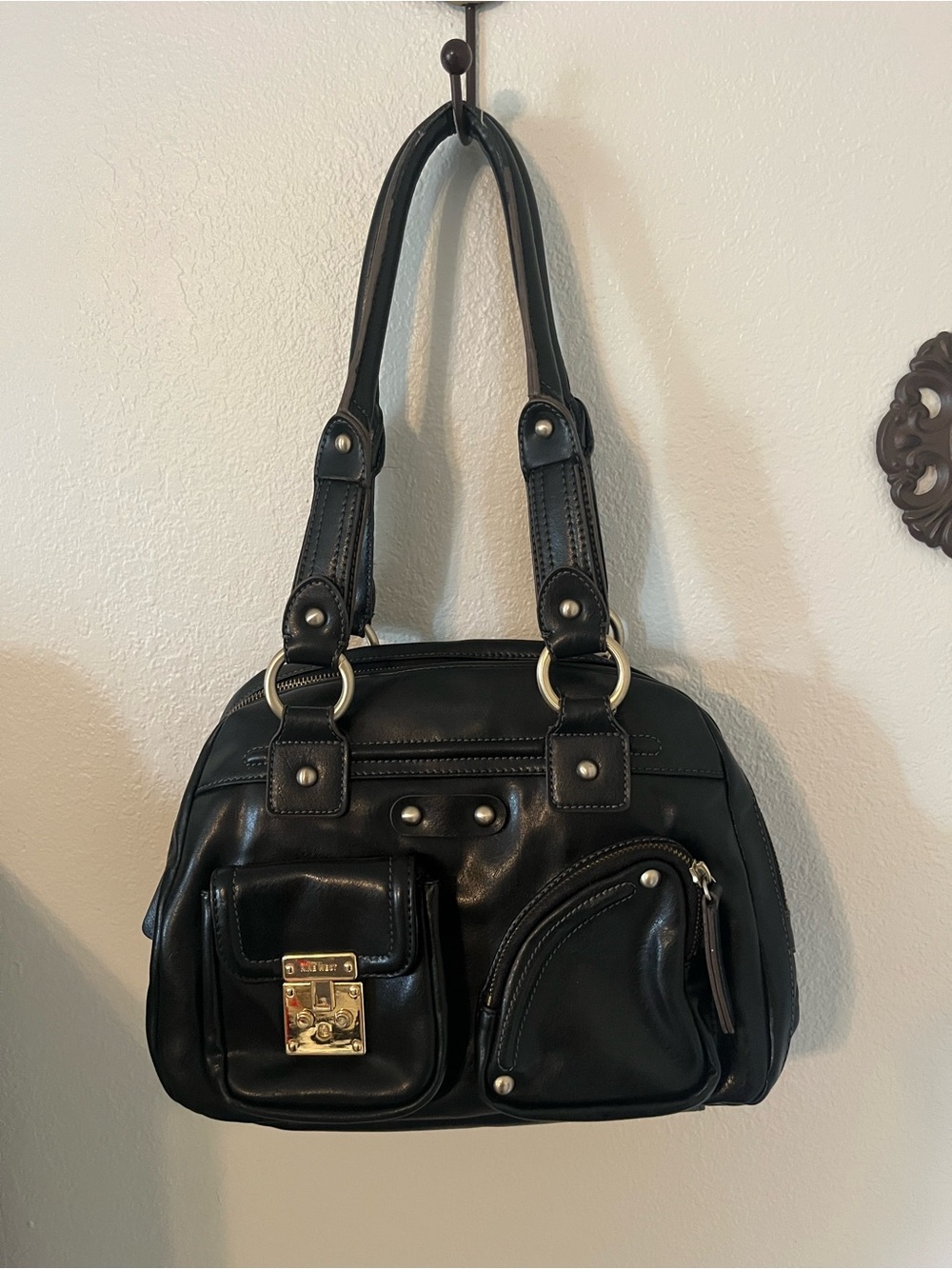 Nine West Black Leather Shoulder Bag with Gold-Tone Hardware